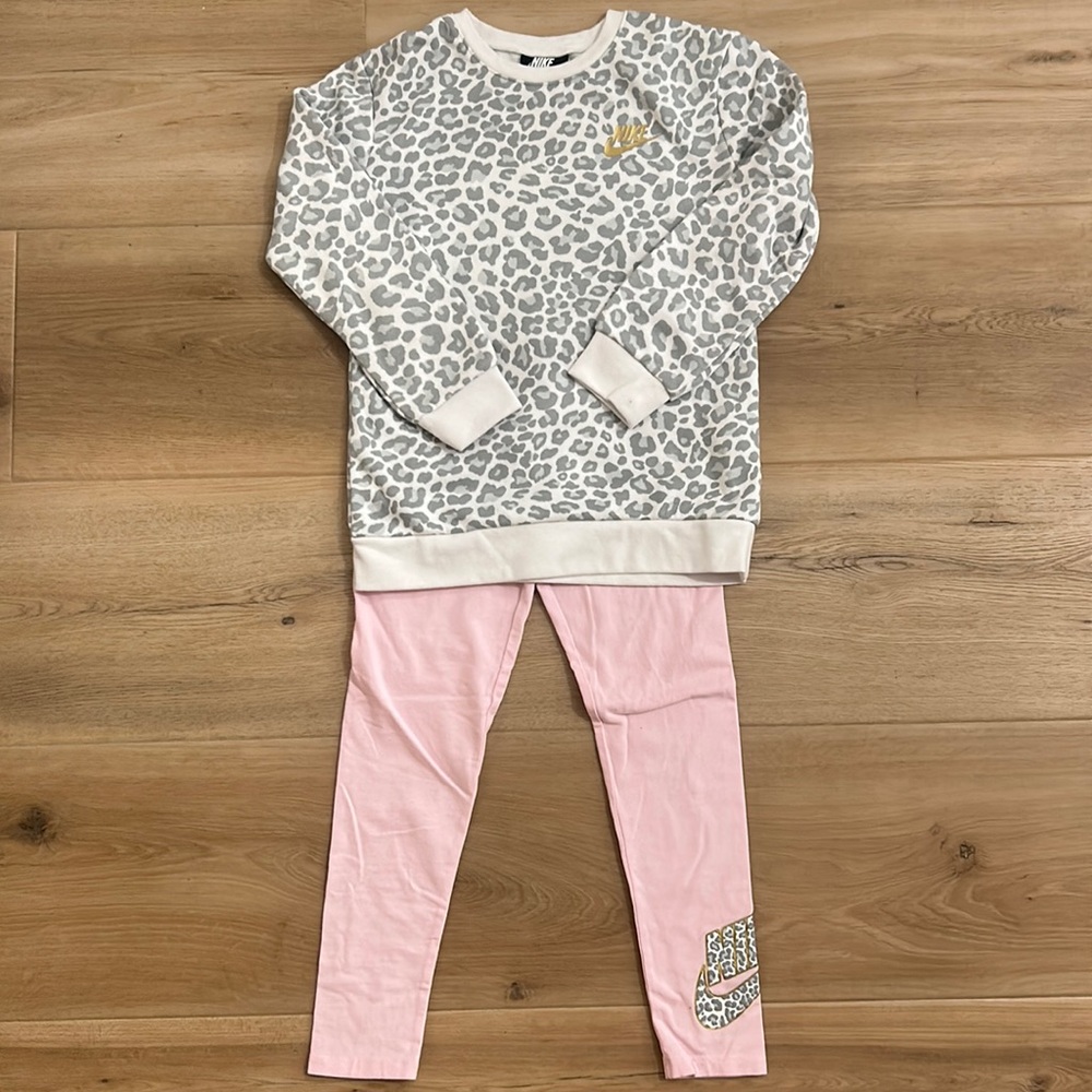 Girls, Nike, size 6X, silver, leopard print sweatshirt and leggings outfit